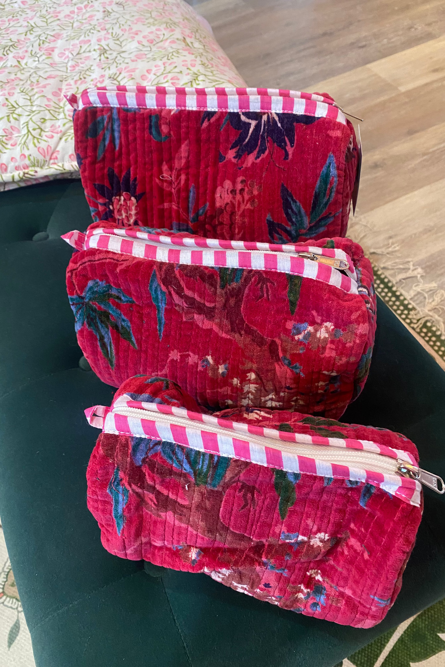 Velvet Nested Cosmetic Bags - Set of 3 - Pink Floral