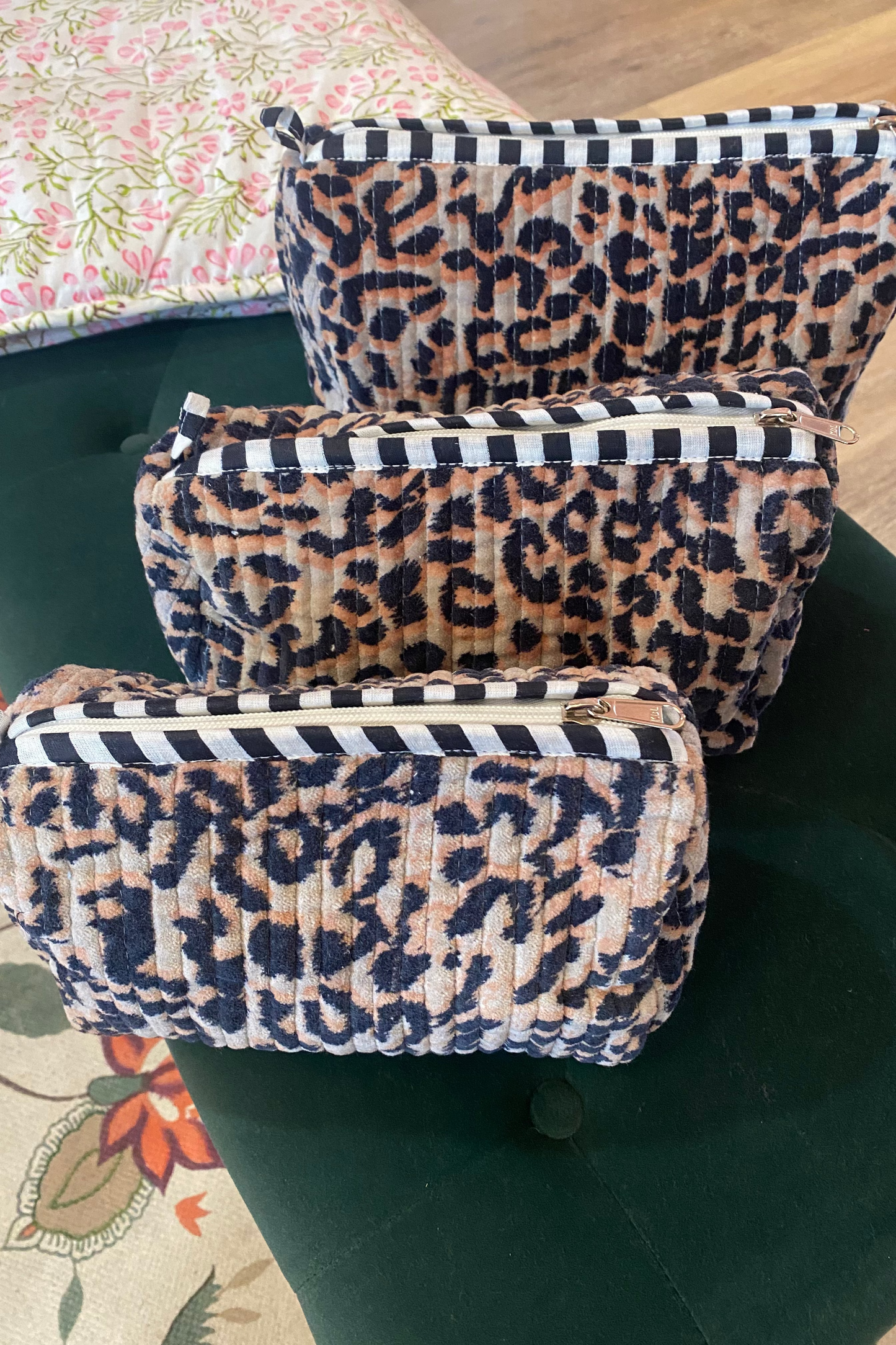 Velvet Nested Cosmetic Bags - Set of 3 - Leopard