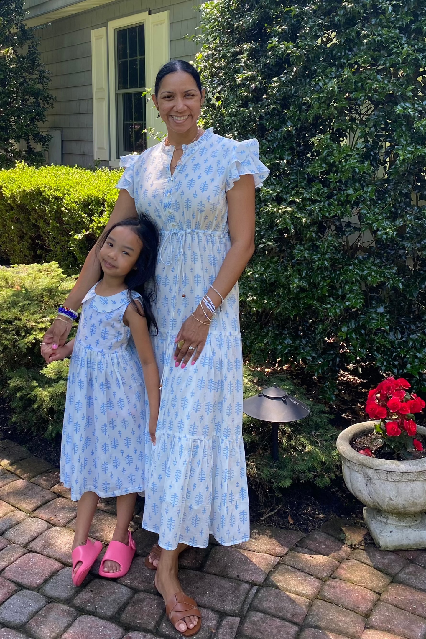 Block Print Cinched Waist Tier Dress - Blue
