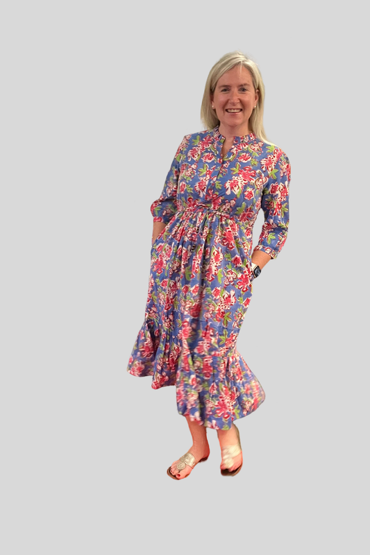 Block Print Cinched Waist Midi Dress