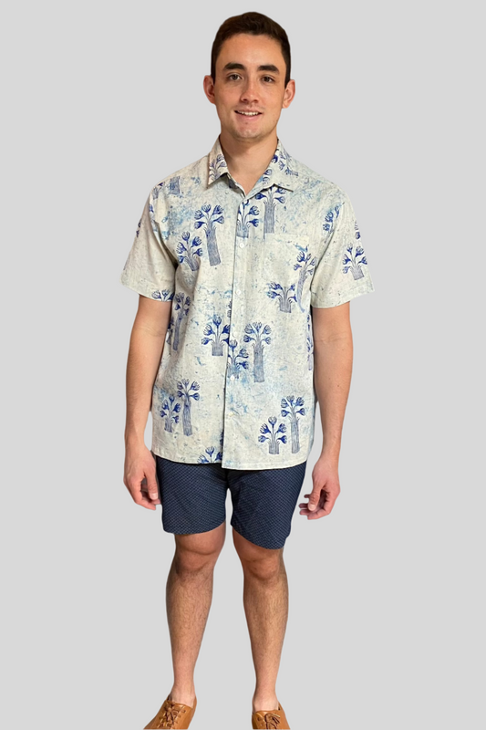 Block Print Men's Shirt - Short Sleeves - Blue