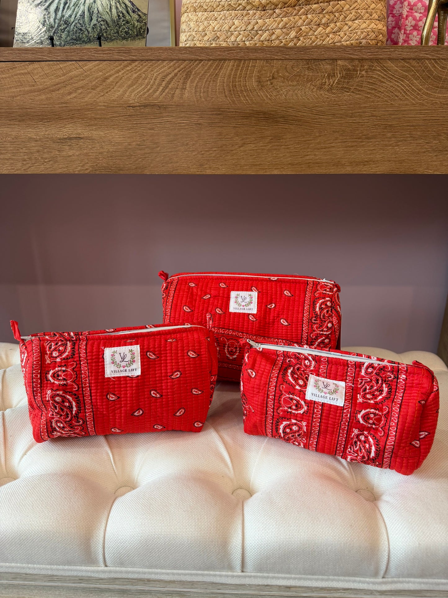 Block Print Nested Cosmetic Bags - Set of 3 - Red Bandanna