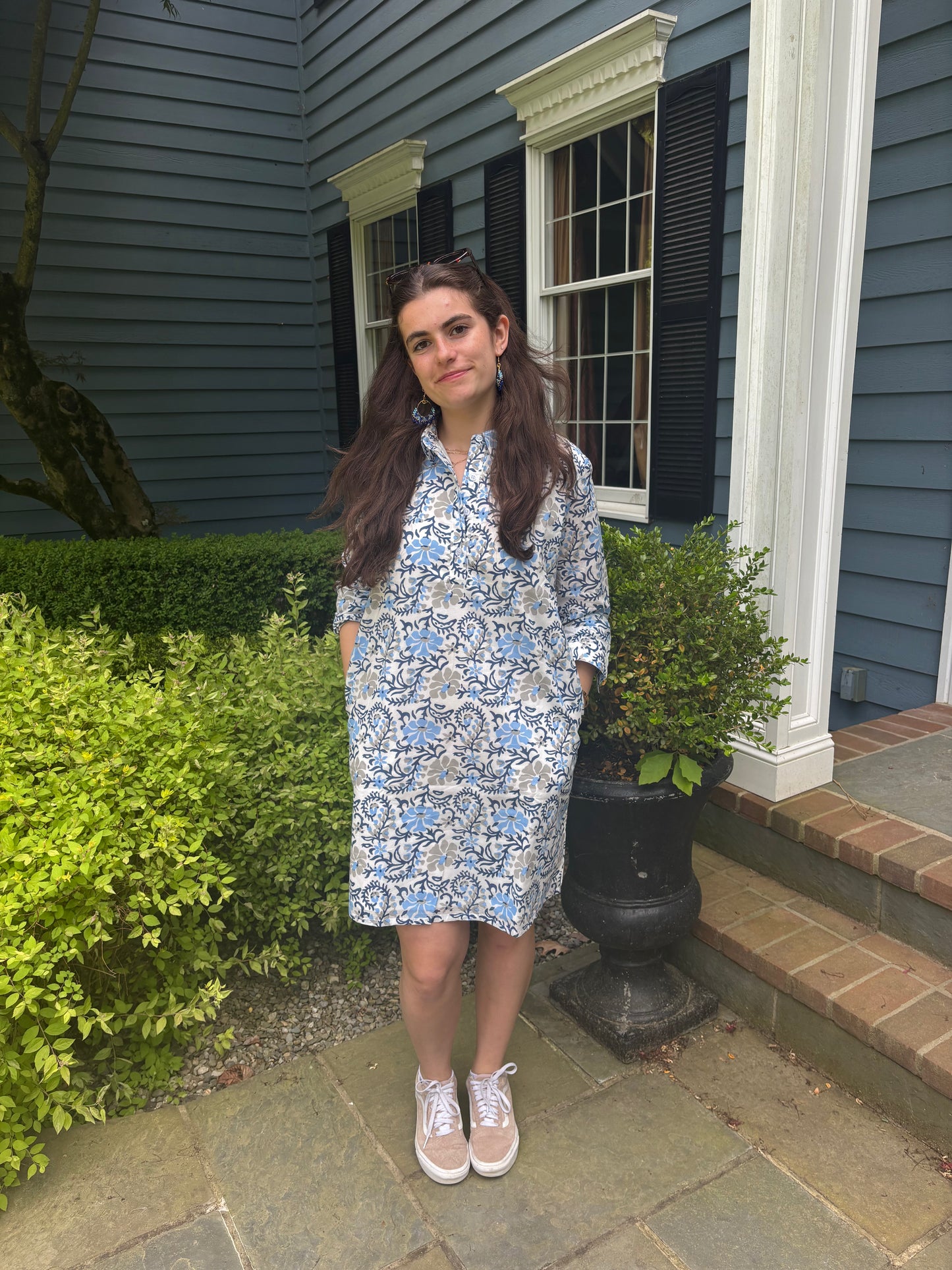 Block Print A-Line Shirt Dress - Blue & Gray Floral