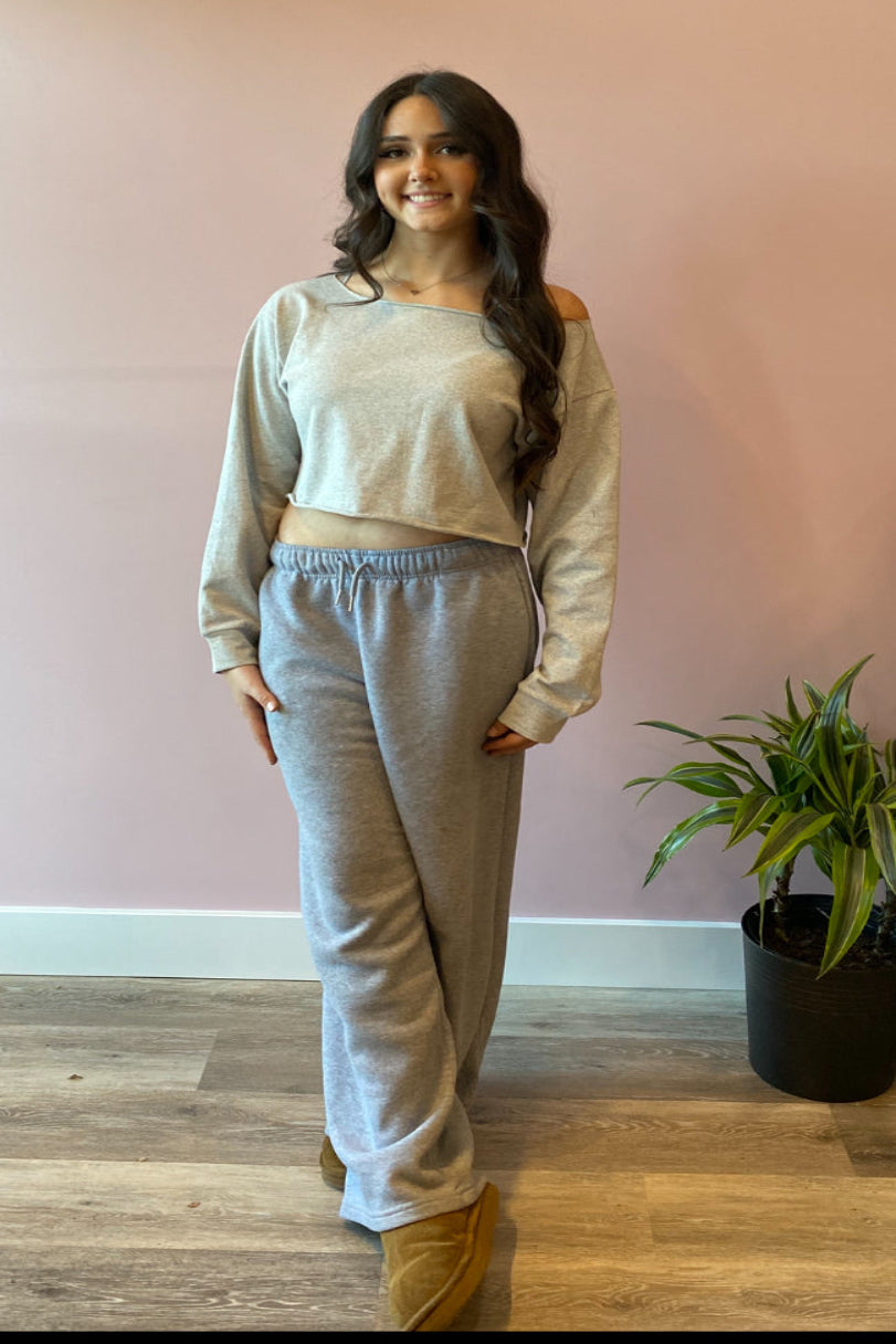 Off the Shoulder Cropped Sweatshirt - Gray