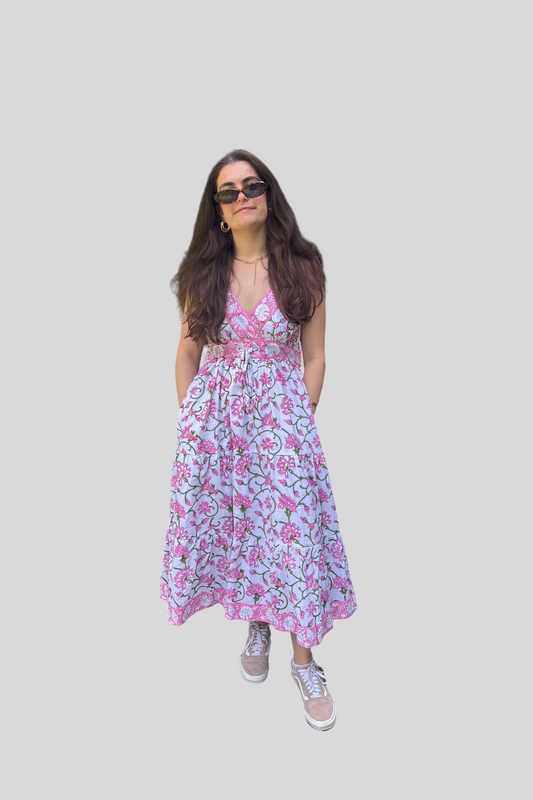 One Size Smock Back Cinched Waist Midi Sundress - Pink Vine