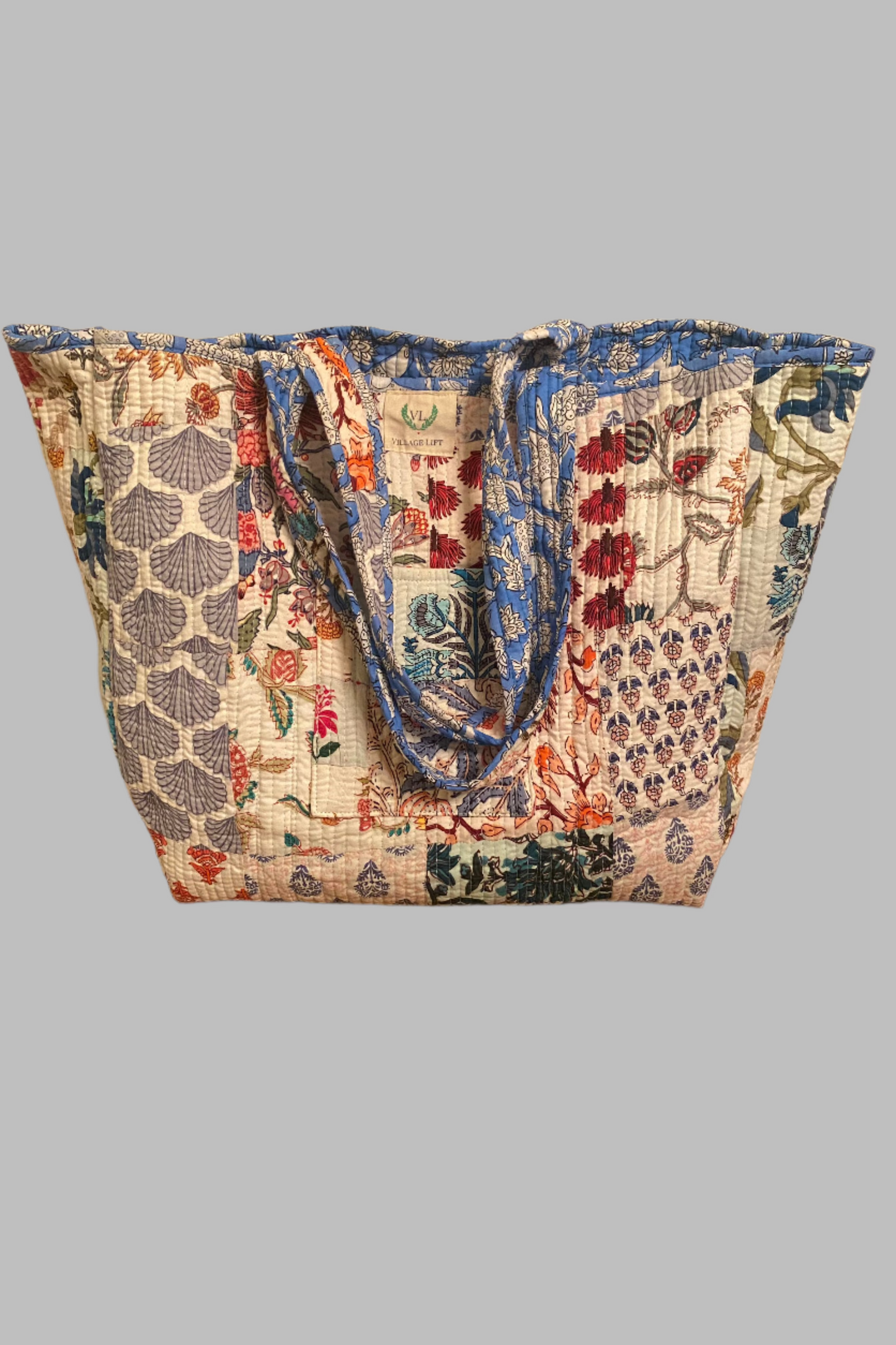 Block Print Reversible Tote Bag - Blue Floral & Patchwork