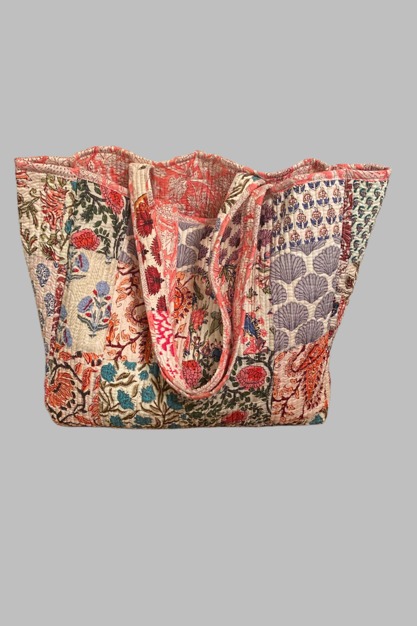 Block Print Reversible Tote Bag - Pink Floral & Patchwork