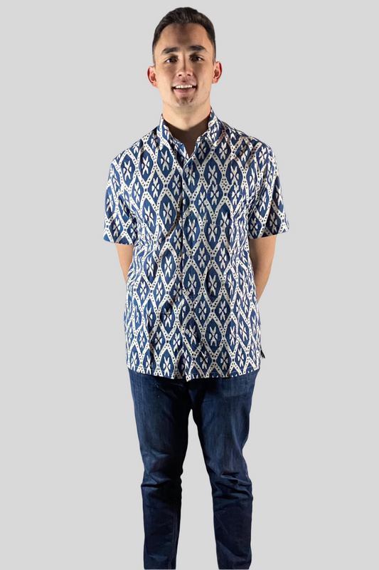 Block Print Men's Shirt - Short Sleeves - Ikat
