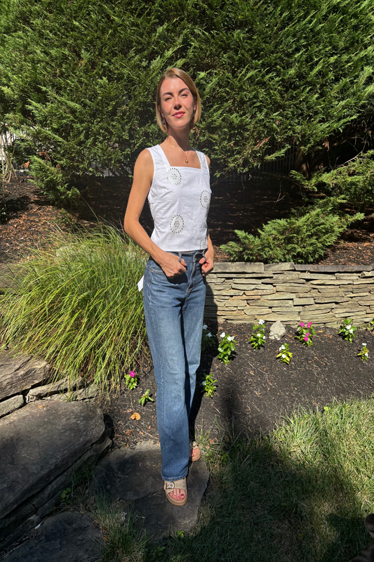 Embroidered Square Neck Tank - White Mirror