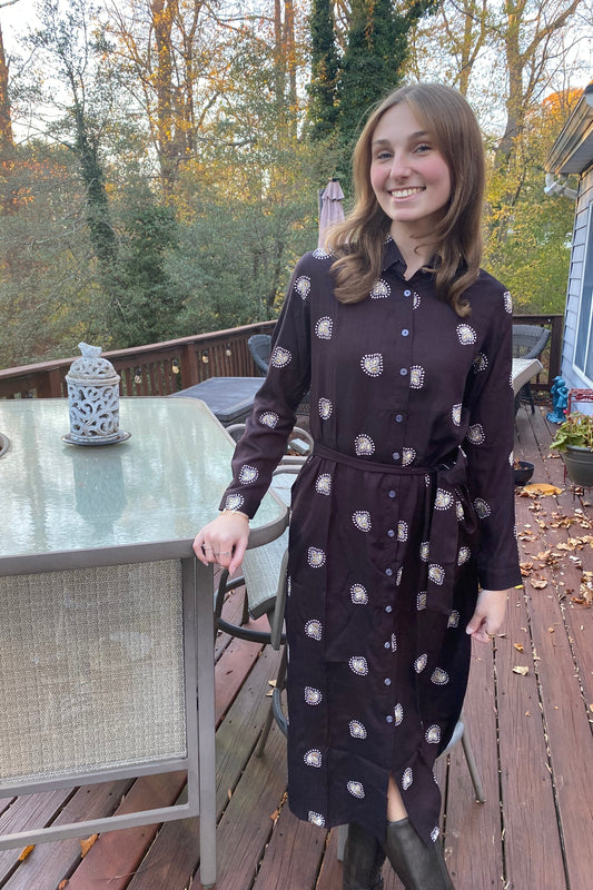 Embroidered Shirt Dress - Brown