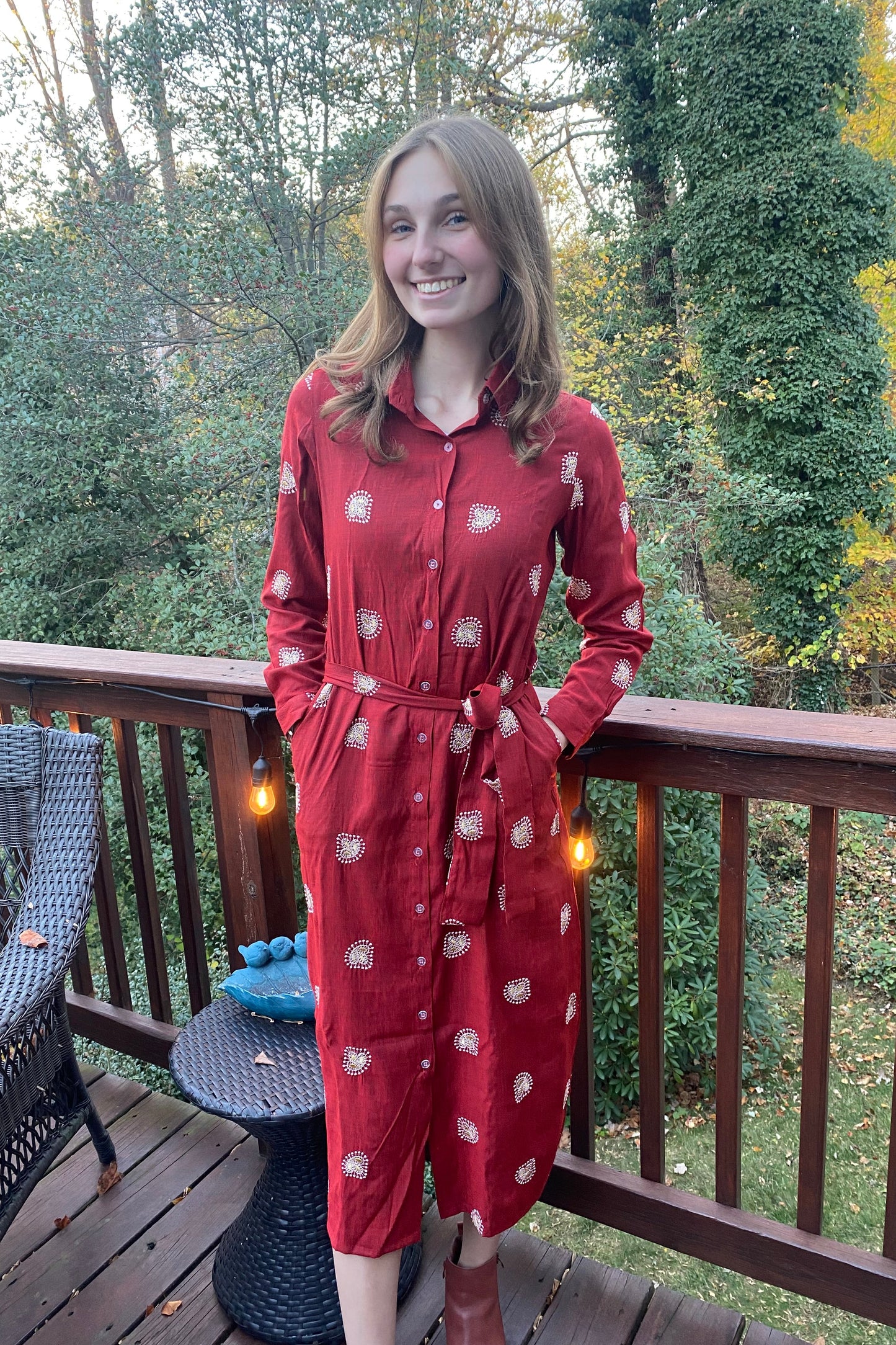 Embroidered Shirt Dress - Red