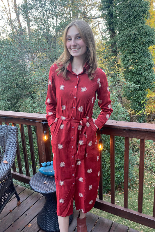 Embroidered Shirt Dress - Red