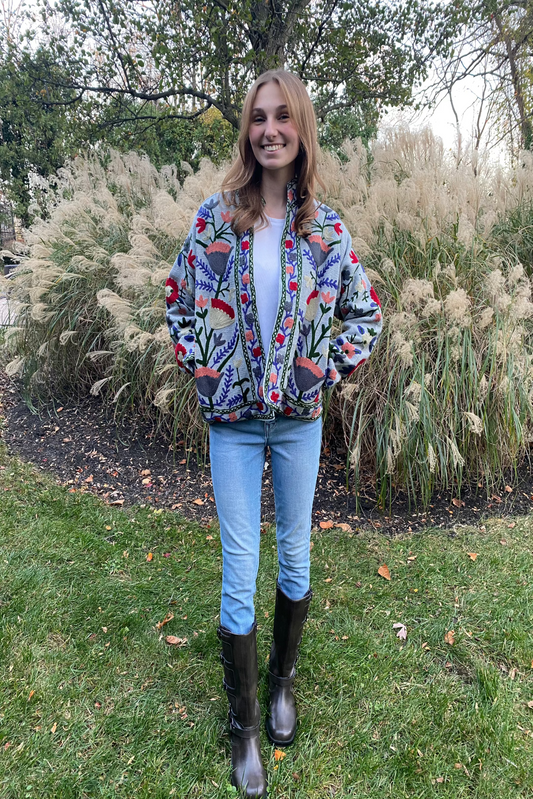 Embroidered Reversible Jacket - Smoky Blue