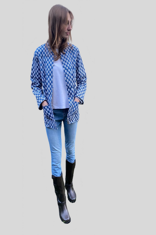 Block Print Quilted Reversible Jacket - Blue & Brown