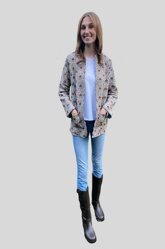 Block Print Quilted Reversible Jacket - Blue Green and Brown