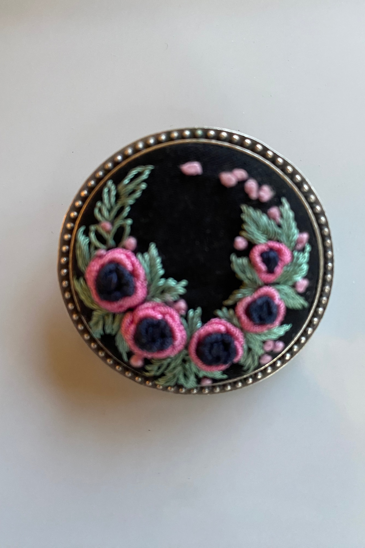 Kosovo Hand Embroidered Brooch - Pink & Blue Flowers