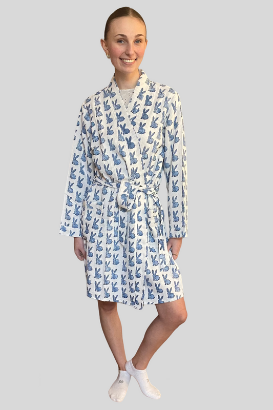 Block Print Waffle Cotton Robe - Blue Bunny