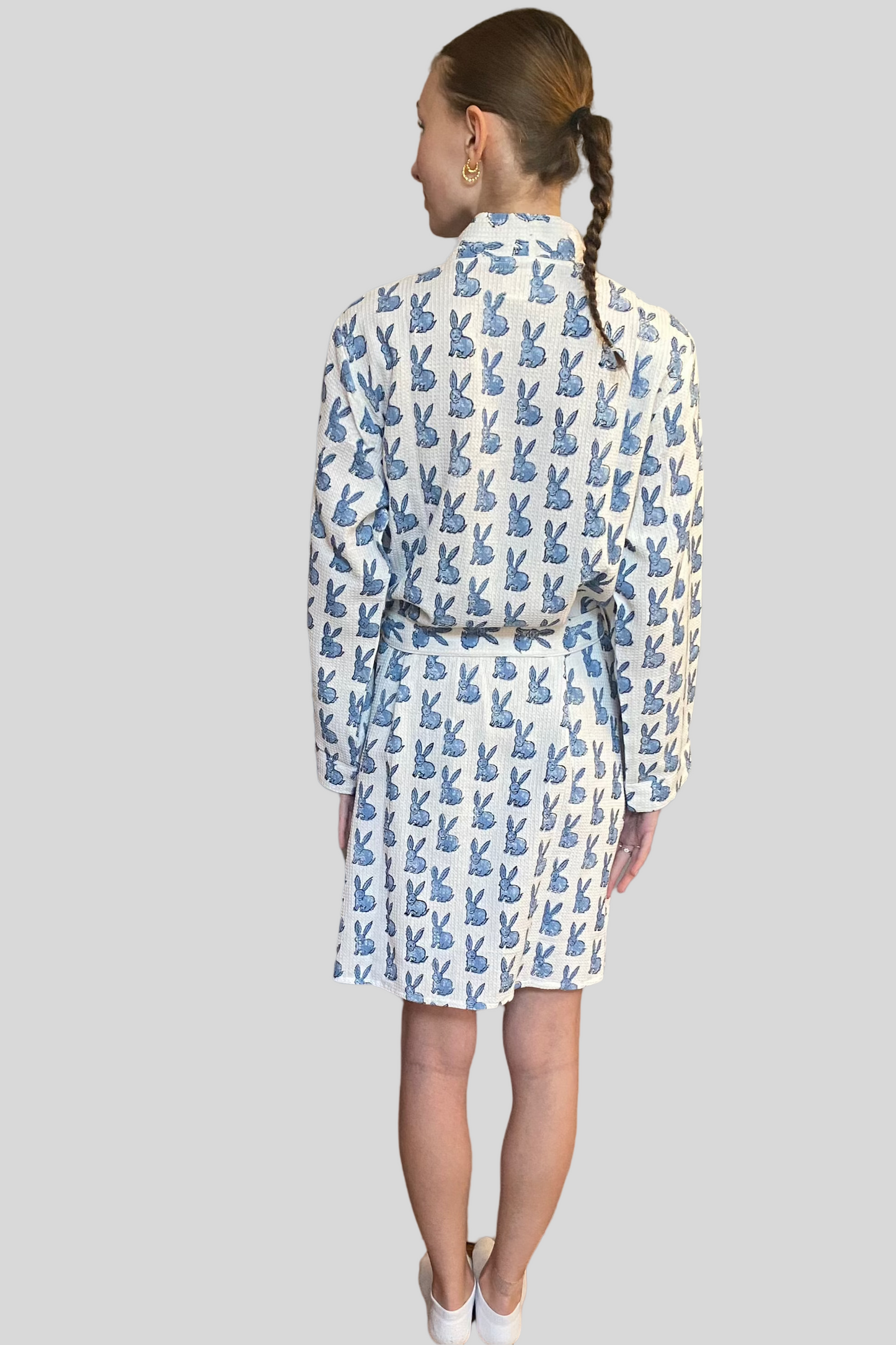 Block Print Waffle Cotton Robe - Blue Bunny