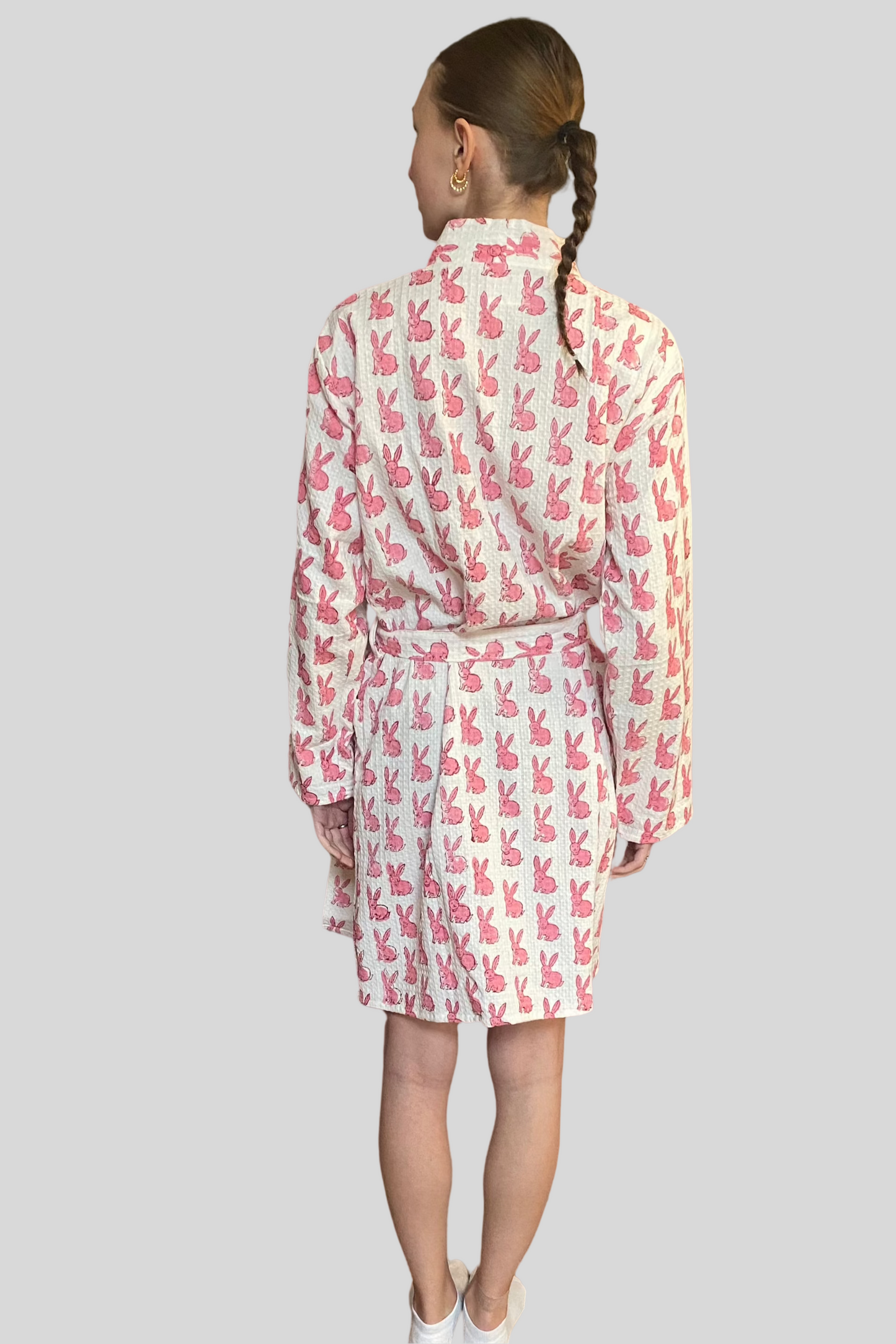 Block Print Waffle Cotton Robe - Pink Bunny