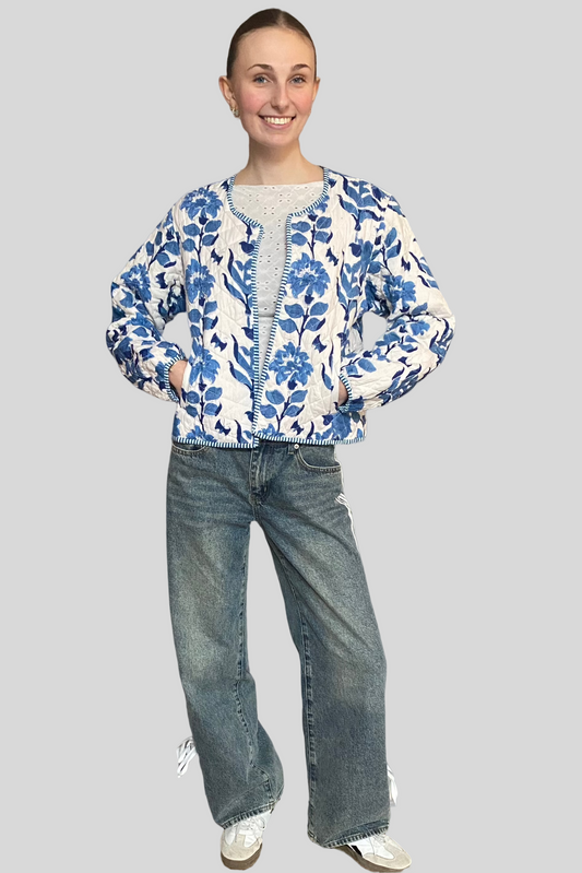 Block Print Quilted Cropped Reversible Jacket - Blue