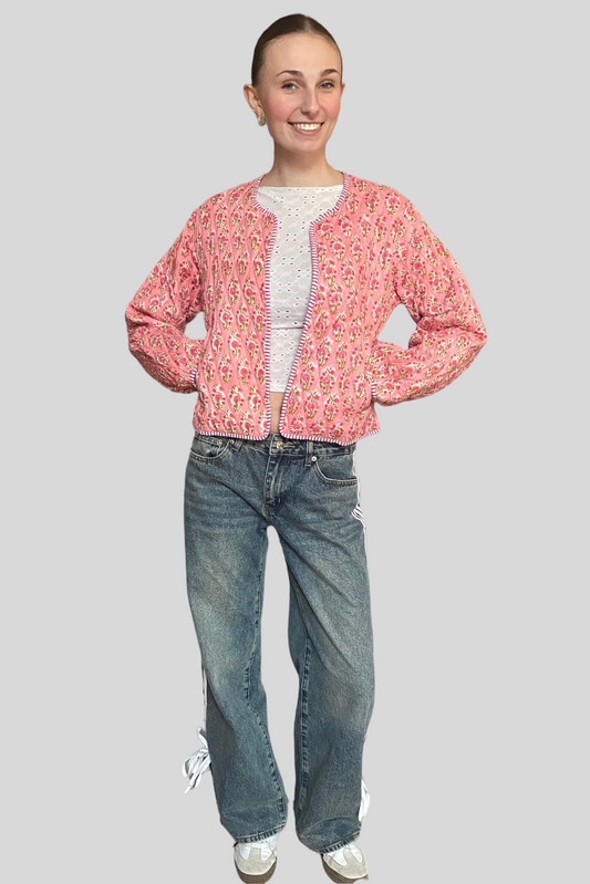 Block Print Quilted Cropped Reversible Jacket - Pink
