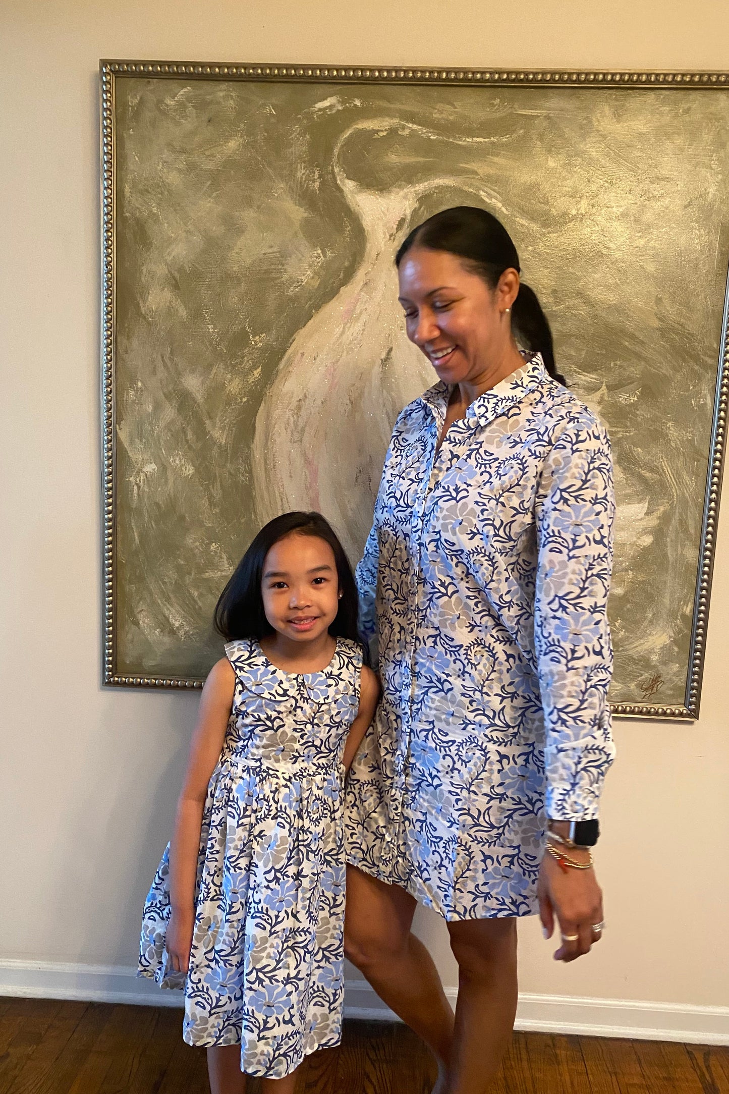 Block Print A-Line Shirt Dress - Blue & Gray Floral