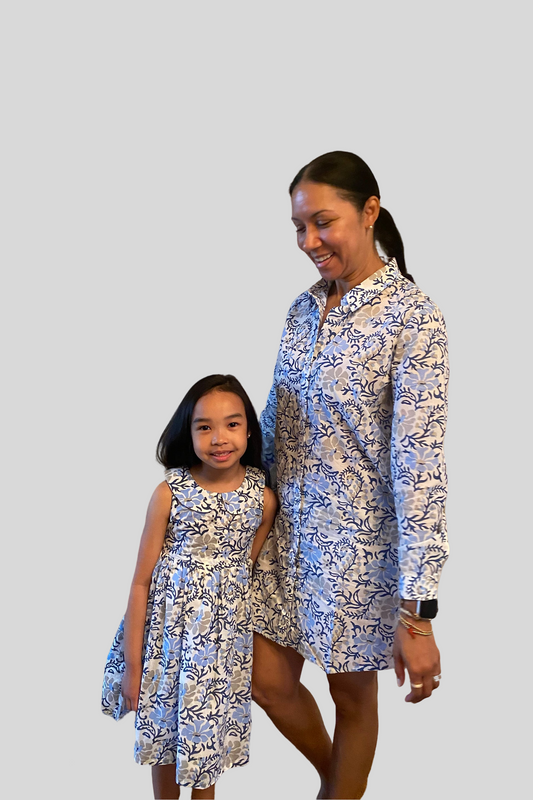 Block Print Girl's Dress - Blue & Gray Floral