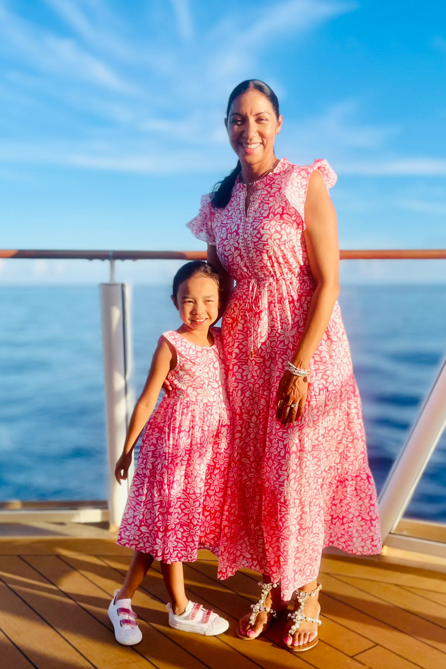 Block Print Cinched Waist Tier Dress - Pink