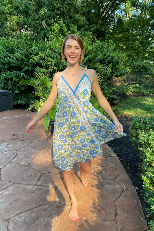 Block Print Beach Cover - Blue & Green Floral