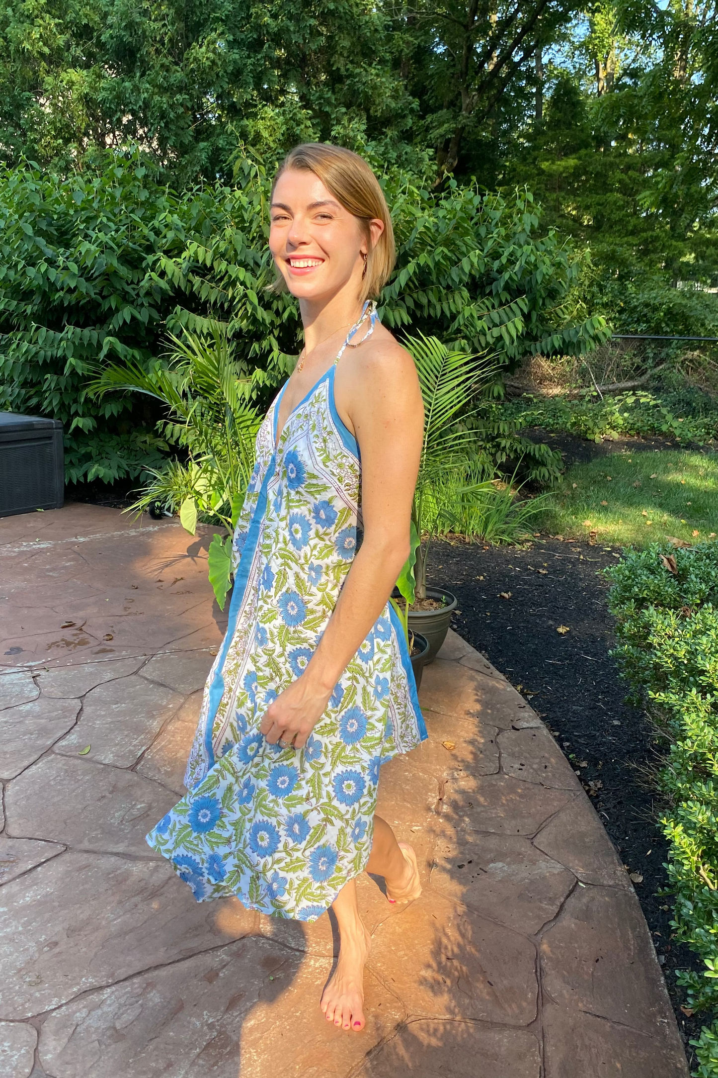Block Print Beach Cover - Blue & Green Floral
