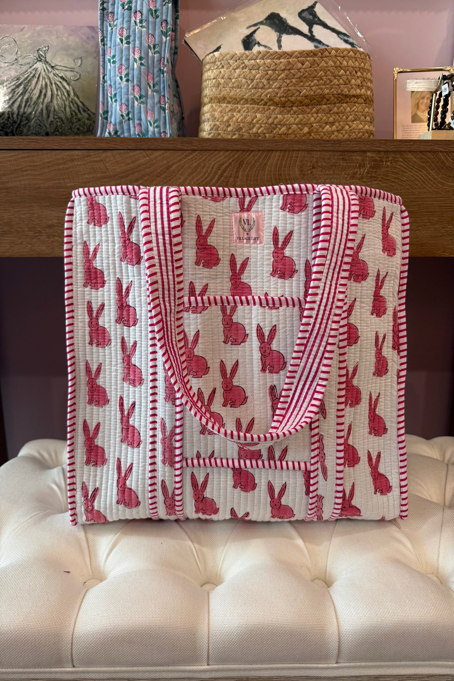 Block Print Reversible Tote Bag - Pink Bunny