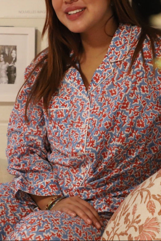 Block Print Pajama Set - Blue & Red