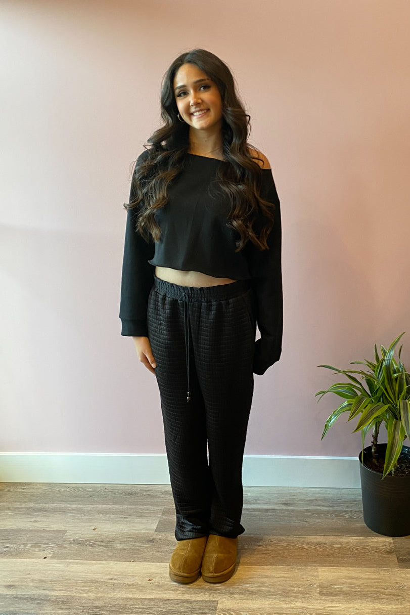 Off the Shoulder Cropped Sweatshirt - Black