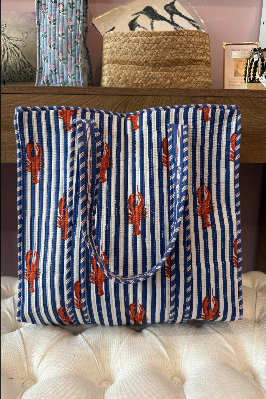 Zippered Tote Bag - Blue Striped Lobster