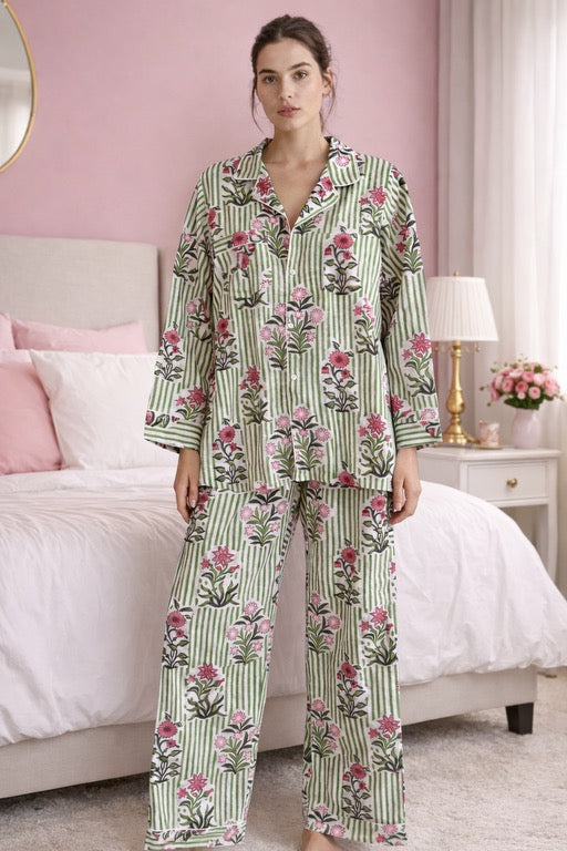 Block Print Pajama Set - Moghul Floral Stripe Green
