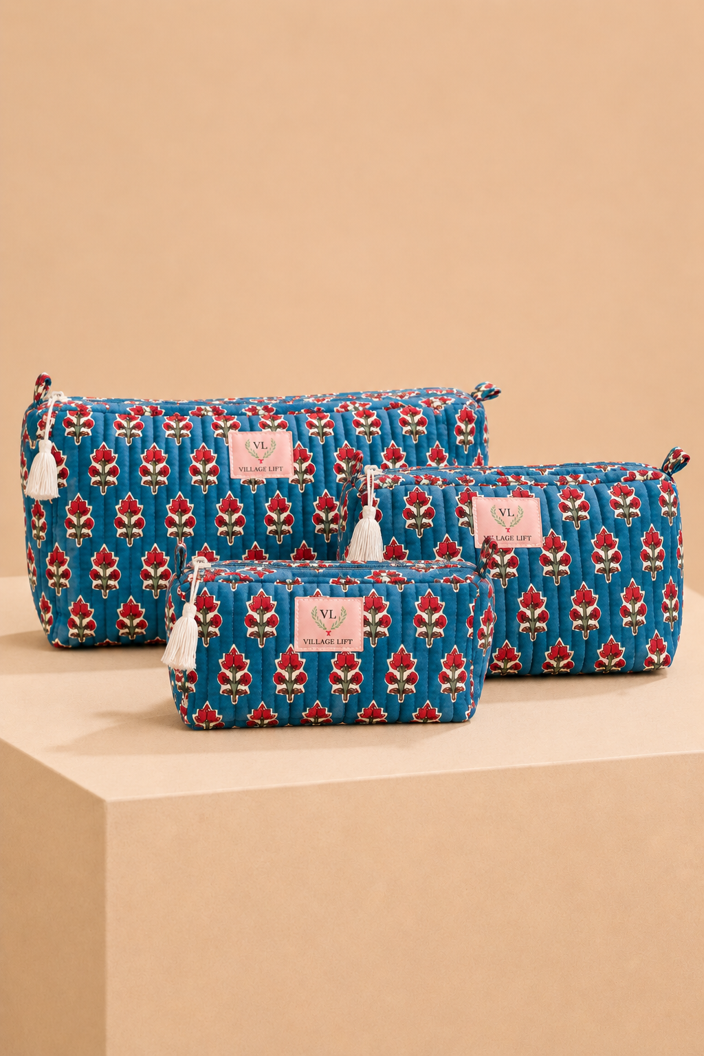 Block Print Nested Cosmetic Bags - Set of 3 - Blue with Red Boti