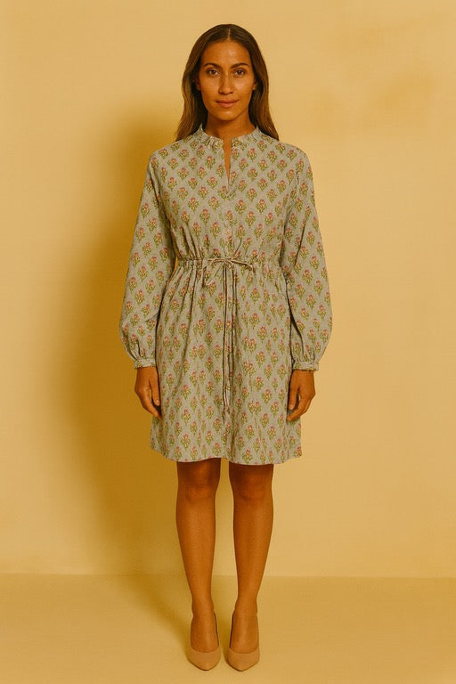 Block Print Cinched Waist Tier Dress - Dusty Blue Floral