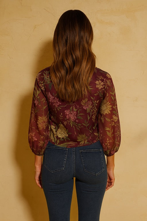 Cropped Organza Crew Neck Shirt - Wine Plum Floral