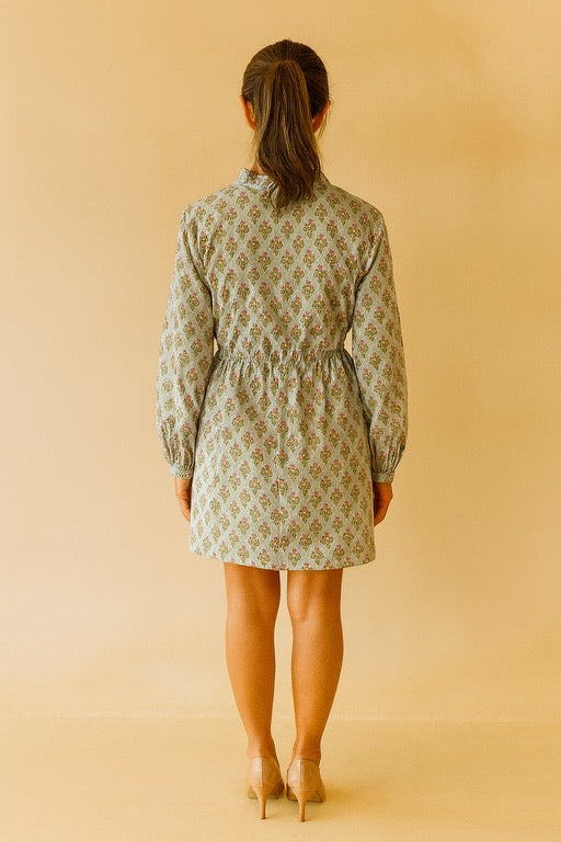 Block Print Cinched Waist Tier Dress - Dusty Blue Floral