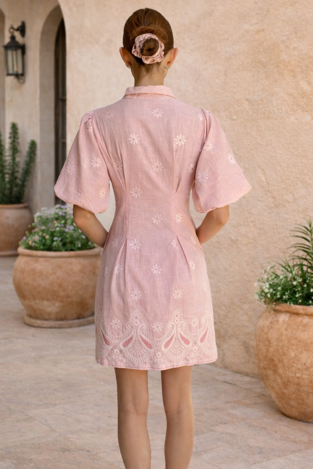 Puff Elegance Contour Dress - Embroidered Pink