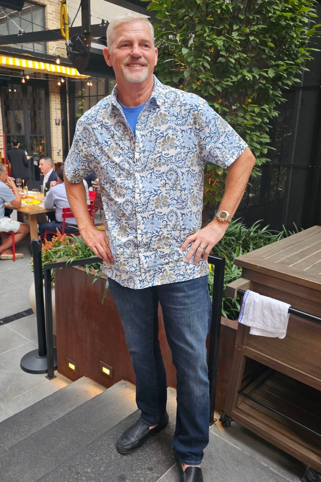Block Print Men's Shirt - Short Sleeve - Blue & Gray Floral
