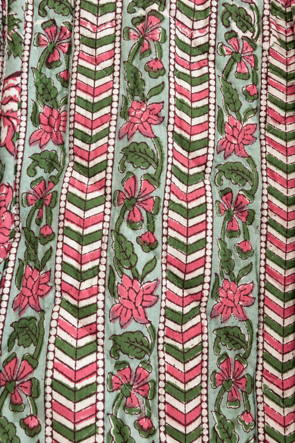 A close-up of a patterned fabric featuring vertical stripes with pink and white chevron motifs, green leaves, and pink floral motifs on a pale mint green background.