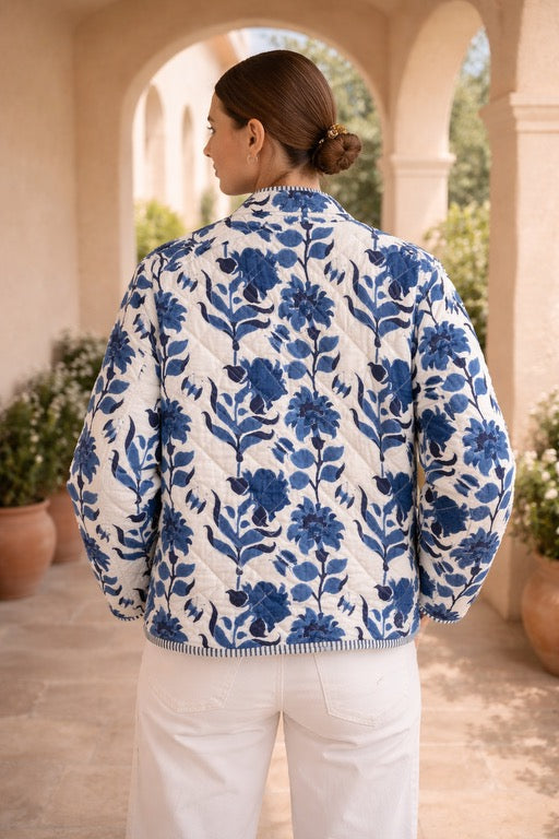Block Print Quilted Reversible Jacket - Blue
