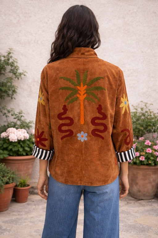 Embroidered Reversible Velvet Jacket - Brown Palm Tree