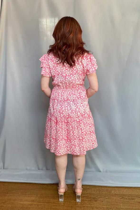 Block Print Cinched Waist Tier Dress - Pink - Short