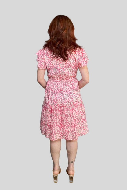 Block Print Cinched Waist Tier Dress - Pink - Short