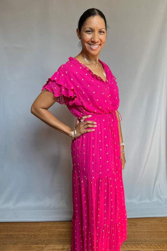 Gold Sequin Cinched Waist Tier Dress - Fuschia