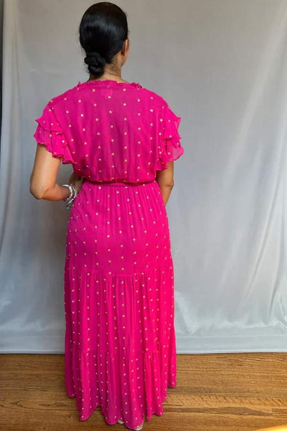 Gold Sequin Cinched Waist Tier Dress - Fuschia