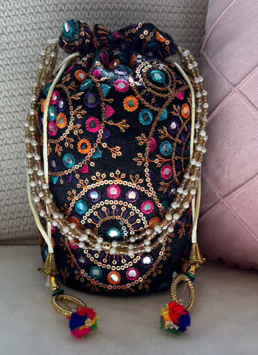 Bejeweled Potli Bag - Black Bucket Style