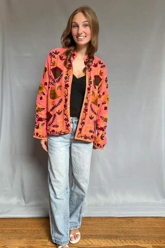 Embroidered Reversible Jacket - Coral